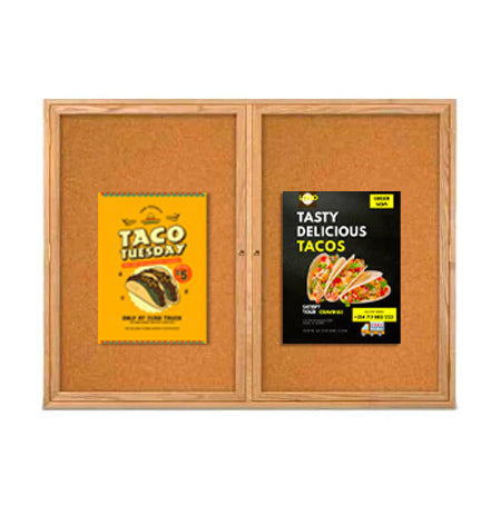96 x 36 WOOD Indoor Enclosed Bulletin Cork Boards with Interior Lighting (2 DOORS)