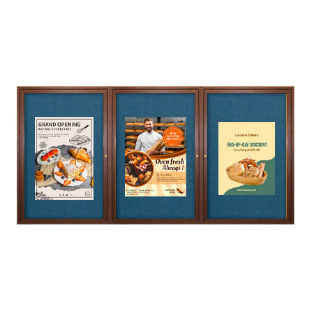 96 x 36 WOOD Indoor Enclosed Bulletin Cork Boards with Interior Lighting (3 DOORS)