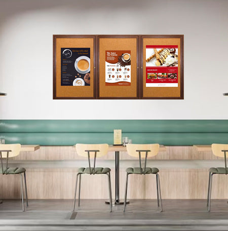 96 x 36 WOOD Indoor Enclosed Bulletin Cork Boards with Interior Lighting (3 DOORS)