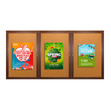 96 x 48 WOOD Indoor Enclosed Bulletin Cork Boards with Interior Lighting (3 DOORS)