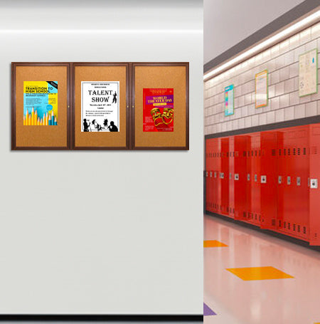 84 x 24 WOOD Indoor Enclosed Bulletin Cork Boards with Interior Lighting (3 DOORS)