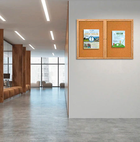 96 x 36 WOOD Indoor Enclosed Bulletin Cork Boards with Interior Lighting (2 DOORS)