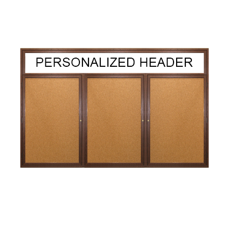 72 x 24 WOOD Indoor Enclosed Bulletin Cork Boards with Message Header (3 DOORS)