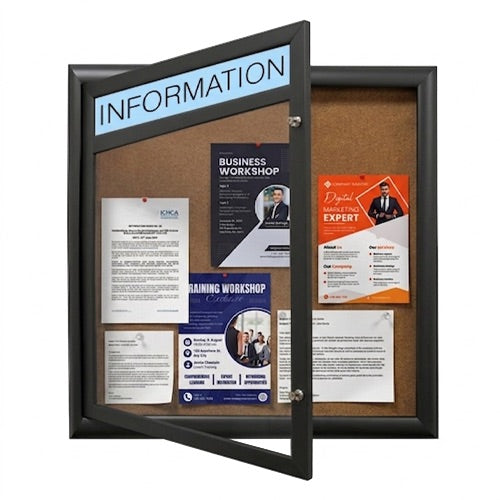 Extra Large Outdoor Enclosed Bulletin Board 48 x 48 Swing Cases with Header (Radius Edge) - Black Finish