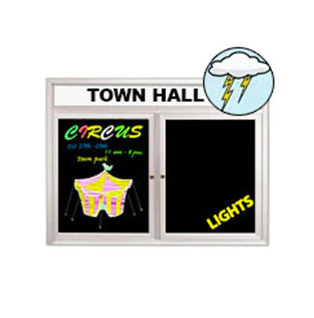 Indoor Enclosed Dry Erase Marker Board with Header and Lights | 2 and 3 Doors | Black Porcelain Steel