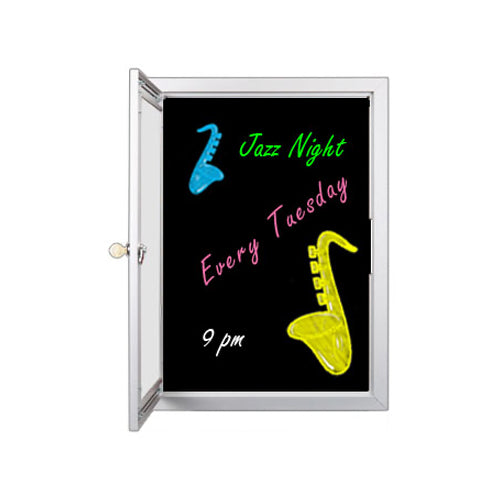 Indoor Dry Erase Marker Board SwingCases with Light | Porcelain on Steel Black Board Surface | Locking Display Cases