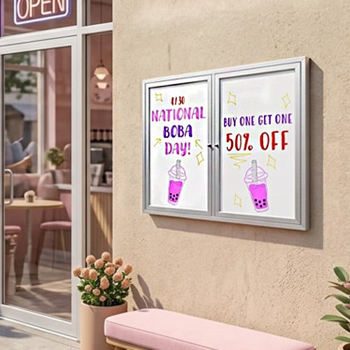 Outdoor Enclosed Dry Erase Marker Board 2 and 3 Doors with White Porcelain Steel Writing Surface in 35+ Sizes and Custom