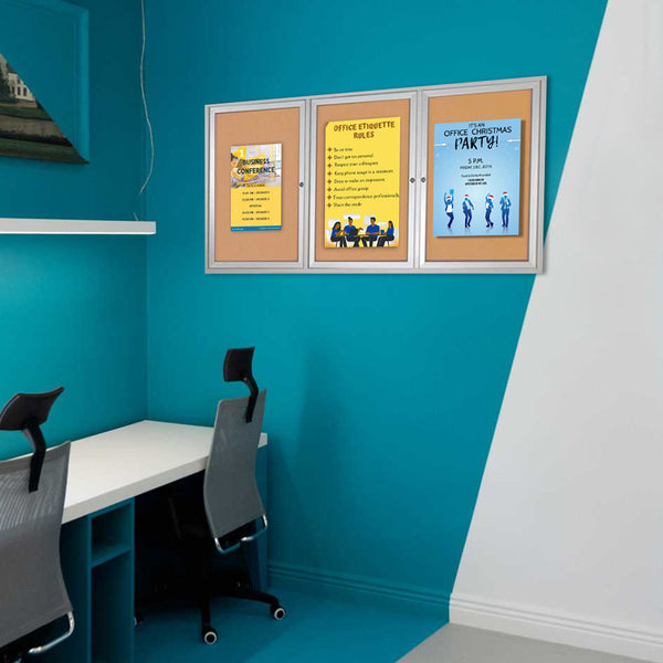84 x 36 INDOOR Enclosed Bulletin Cork Boards 3 DOOR