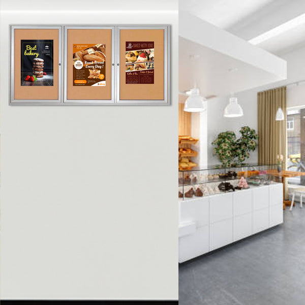 84 x 48 Enclosed Cork Bulletin Board, Indoor Wall Mount 3-Door Display Case in 4 Metal Cabinet Finishes