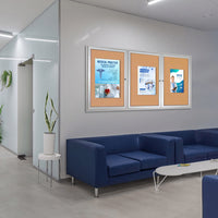 84 x 48 Enclosed Cork Bulletin Board, Indoor Wall Mount 3-Door Display Case in 4 Metal Cabinet Finishes