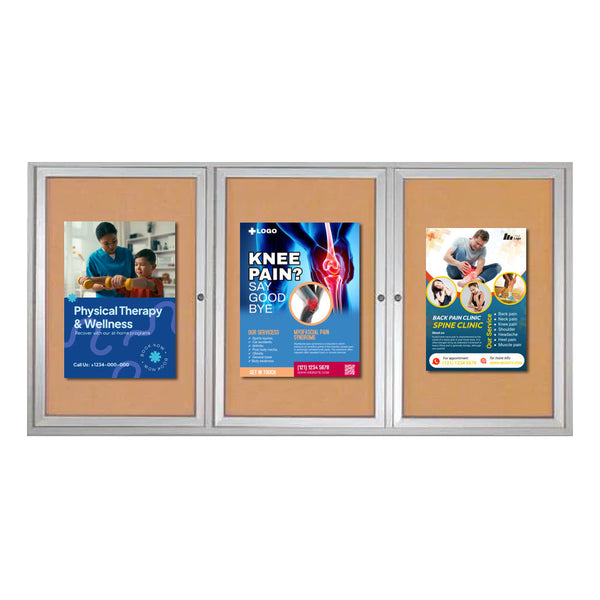 96 x 36 Indoor Enclosed Bulletin Cork Boards 3 DOOR | Lockable Metal Display Case