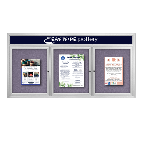 Indoor Enclosed Bulletin Boards 84" x 24" with Message Header (3 DOORS)