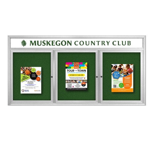 Indoor Enclosed Bulletin Boards 84" x 30" with Message Header (3 DOORS)