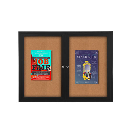 Indoor 60x60 Enclosed Bulletin Board with Two Doors + Smooth Radius Edge Metal Cabinet Corners
