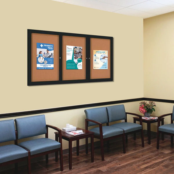 Three Door Bulletin Board Display Case with Radius Edge Corners | Indoor 72 x 30 Aluminum Cabinet