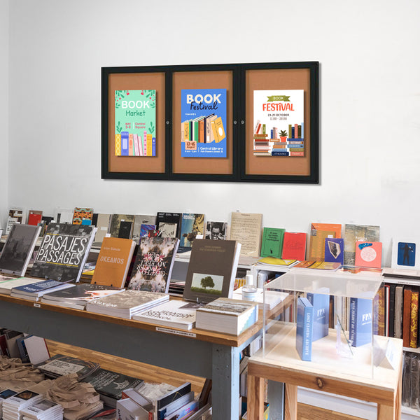 Indoor 72 x 48 Enclosed Bulletin Board with Safe, Smooth Radius Edge Cabinet Corners - Wall Mounted Aluminum 3-Door Display Cases