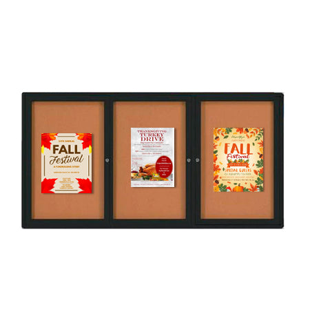 Indoor 72 x 48 Enclosed Bulletin Board with Safe, Smooth Radius Edge Cabinet Corners - Wall Mounted Aluminum 3-Door Display Cases