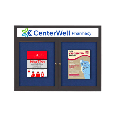 Enclosed Indoor Enclosed Bulletin Boards 60 x 24 w Message Header + Radius Edge 2 DOOR