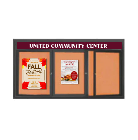 Enclosed Indoor Enclosed Bulletin Boards 84 x 24 w Message Header + Radius Edge 3 DOOR