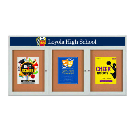 Enclosed Indoor Enclosed Bulletin Boards 84 x 30 w Message Header + Radius Edge 3 DOOR