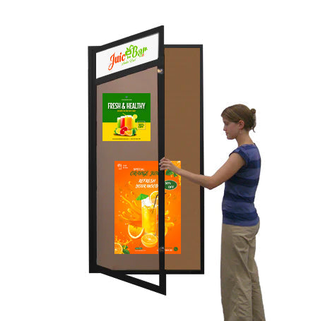 Extra Large 24 x 84 Indoor Enclosed Bulletin Board Swing Cases with Header and Lights (Single Door)