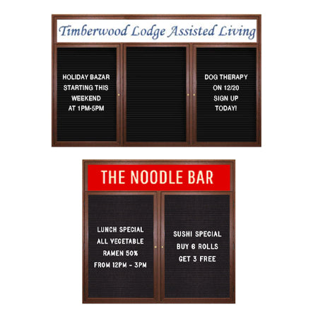 Indoor Enclosed Letter Boards, Wood Cabinet Display Case with Message Header | 2-3 Door Models in 20 Sizes