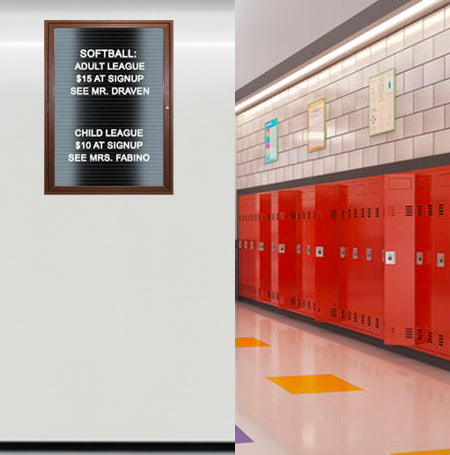 Indoor LED Lighted Enclosed Wood Framed Letter Boards | Wall Mount Single Door Display Case 9 Sizes