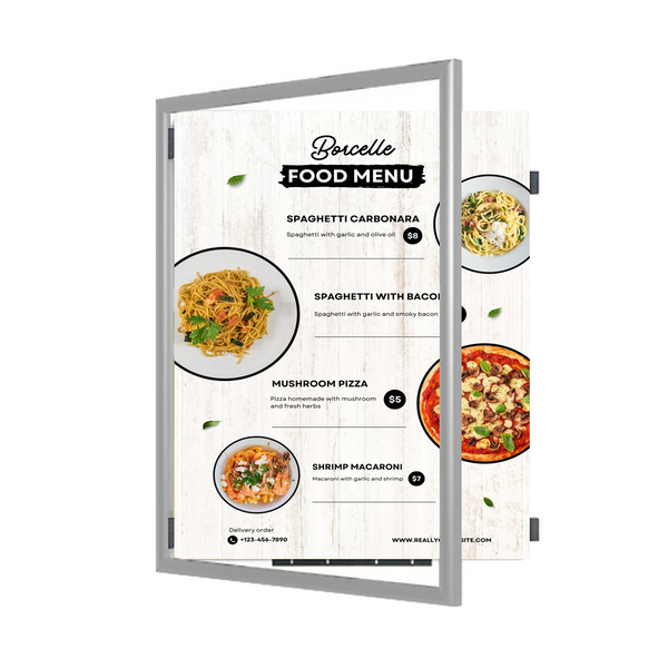 SwingFrame Wide-Face Restaurant Menu Display Frames + Metal Picture Frame Profile in 35+ Sizes + Custom