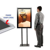 Double Pole Floor Stand 20x30 Sign Holder with Bold Snap Frame 2 1/2" Wide Aluminum Profile in 4 Finishes. Choose  One or 2-Sided Sign Stand