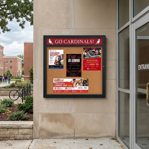 Extra Large Outdoor Enclosed Bulletin Board 48 x 48 Swing Cases with Header (Radius Edge) - Black Finish