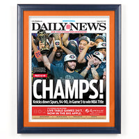 New York Knicks NBA Champions Newspaper Wood Display Frame | Shown with Marine Blue frame finish and Mandarin Orange matboard