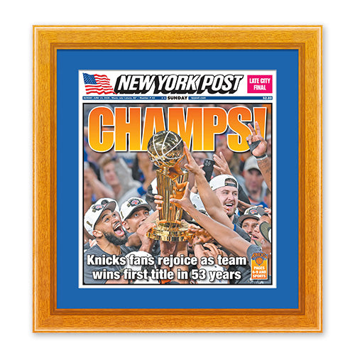 New York Knicks NBA Champions Newspaper Wood Display Frame | Shown with Honey Maple frame finish and Blue Wave matboard