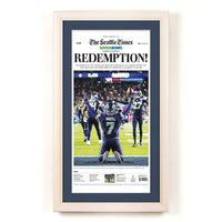 Seattle Seahawks Superbowl 60 Newspaper Wood Display Frame | Shown with White ash frame finish and Deep Blue matboard