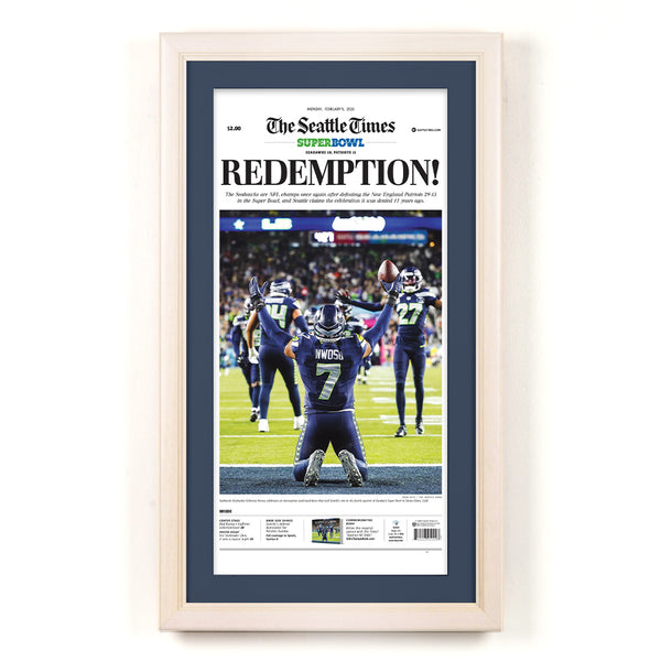 Seattle Seahawks Superbowl 60 Newspaper Wood Display Frame | Shown with White ash frame finish and Deep Blue matboard