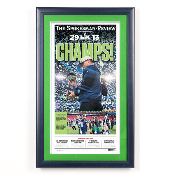 Seattle Seahawks Superbowl 60 Newspaper Wood Display Frame | Shown with Marine Blue frame finish and Irish Green matboard