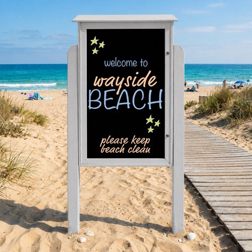 Outdoor Message Center 26" x 42" Magnetic Black Dry Erase Board with Posts (Single Door) - Light Grey Finish