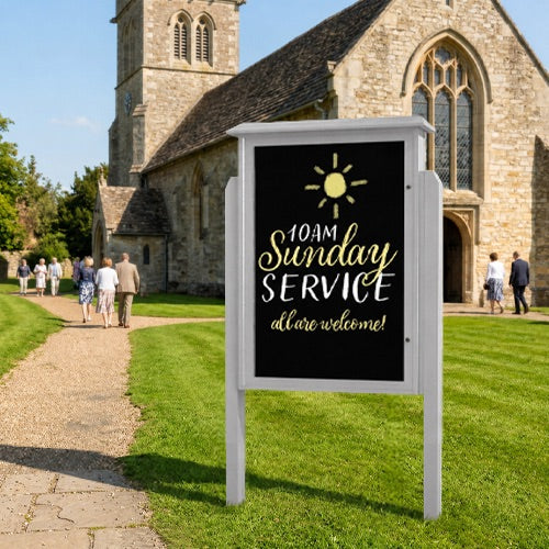 Outdoor Message Center 32" x 48" Magnetic Black Dry Erase Board with Posts (Single Door) - Light Grey Finish