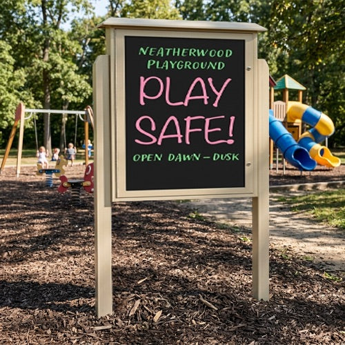 Outdoor Message Center 36" x 48" Magnetic Black Dry Erase Board with Posts (Single Door) - Weathered Wood Finish