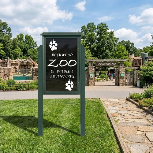 Outdoor Message Center 36" x 60" Magnetic Black Dry Erase Board with Posts (Single Door) - Woodland Green Finish