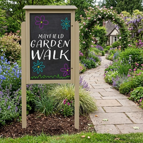 Outdoor Message Center 38" x 54" Magnetic Black Dry Erase Board with Posts (Single Door) - Weathered Wood Finish