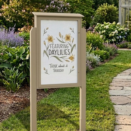 Outdoor Message Center 18" x 24" Magnetic White Dry Erase Board with Posts (Single Door) - Weathered Wood Finish