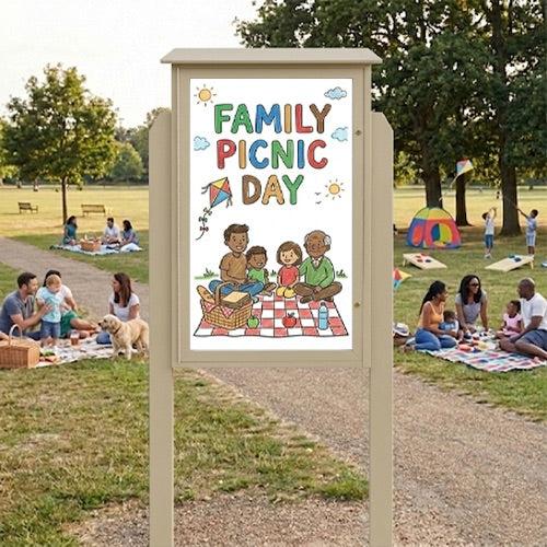 Outdoor Message Center 24" x 36" Magnetic White Dry Erase Board with Posts (Single Door) - Weathered Wood Finish