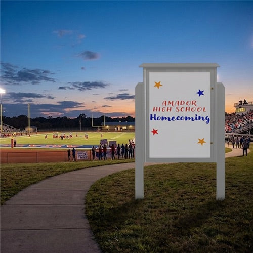 Outdoor Message Center 36" x 60" Magnetic White Dry Erase Board with Posts (Single Door) - Light Grey Finish