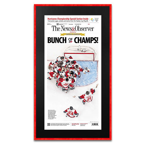 Carolina Hurricanes 2026 Stanley Cup Champions Newspaper Metal Display Frame | Shown with Tornado Red frame finish and Black Belt matboard