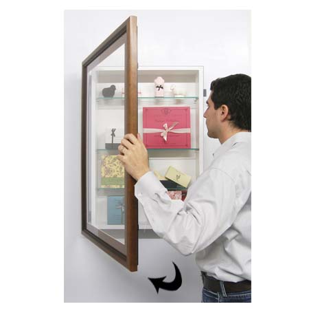 SwingFrame Designer Wood Frame Wall Mount Display Case with Wooden Shelves 4" Deep