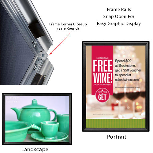 18 x 24 Snap Frame with Safe Round Corners Wall Mounts in Portrait or Landscape Position