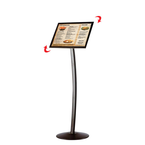 18" by 22" ROTATING floor sign holder comes with a curved post in Black or Silver