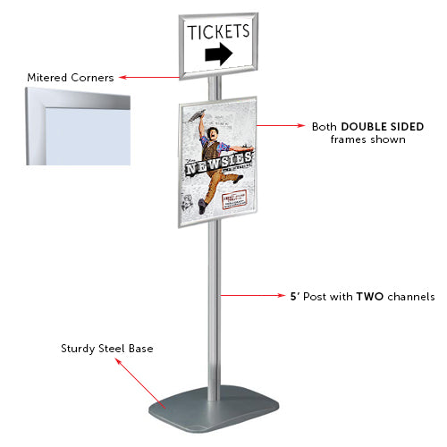5 FEET Tall Double Sided Poster Stand with 2 channels, holds up to 4 frames with an optional metal brochure holder. Each frame can be displayed portrait or landscape.