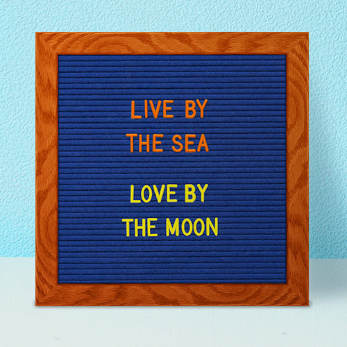 12x12 Wood Framed Blue Felt Letter Board | Shown with Cherry Finish and Optional Yellow Letters