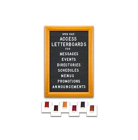 Access Letterboard | Open Face 12x18 Framed Black Vinyl Letter Board with 6 Wooden 353 Frame Finishes